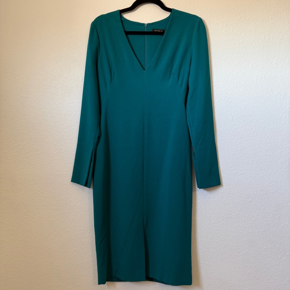 Black Halo Teal Green V-Neck Long Sleeve Sheath Dress 6 3599821 Made in USA